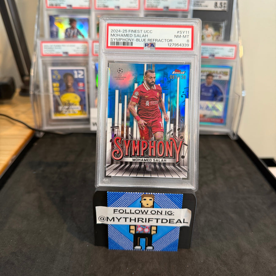 2024-25 Mohamed Salah Liverpool FC Topps Finest UEFA Symphony Blue Refractor /150 PSA 8 Pop 1 Card (85/150)