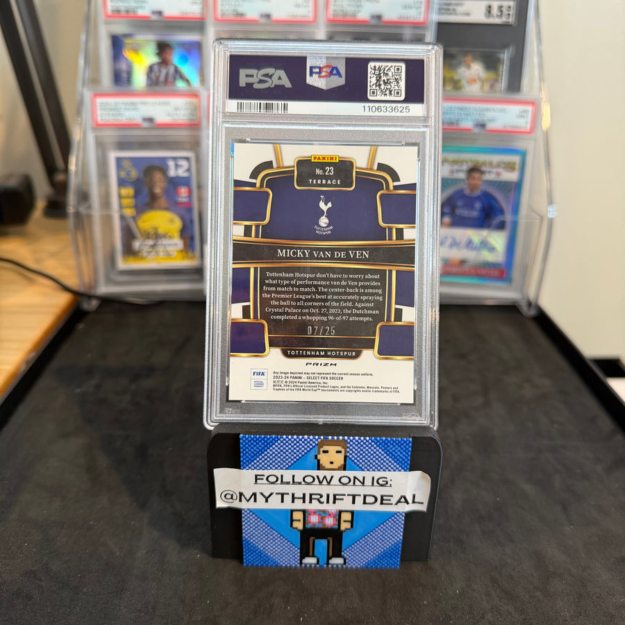 2023-24 Micky Van De Ven Tottenham Hotspurs Panini Select FIFA RC Zebra /25 PSA 9 Card (4/25)