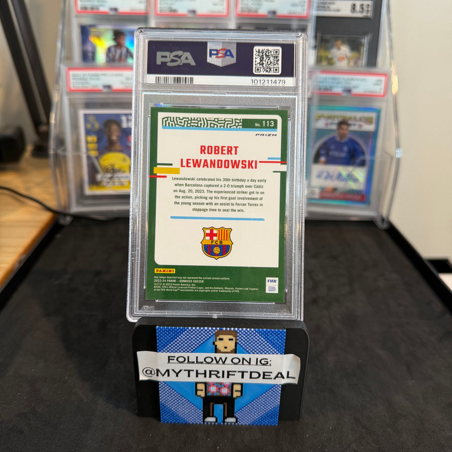 2023-24 Robert Lewandowski FC Barcelona Panini Donruss Argyle Prizm PSA 10 Pop 1 Card