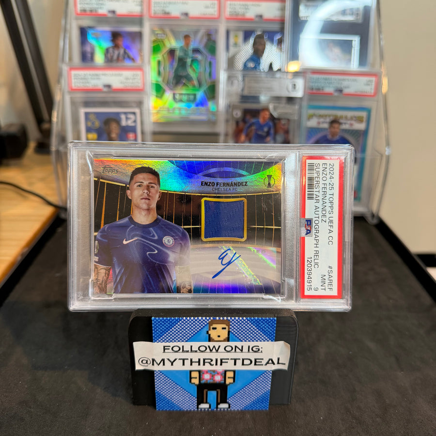 2024-25 Enzo Fernandez Chelsea Topps UEFA Superstar Autograph Game Worn Patch /50 PSA 9 Card (19/50)