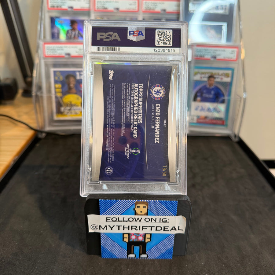 2024-25 Enzo Fernandez Chelsea Topps UEFA Superstar Autograph Game Worn Patch /50 PSA 9 Card (19/50)