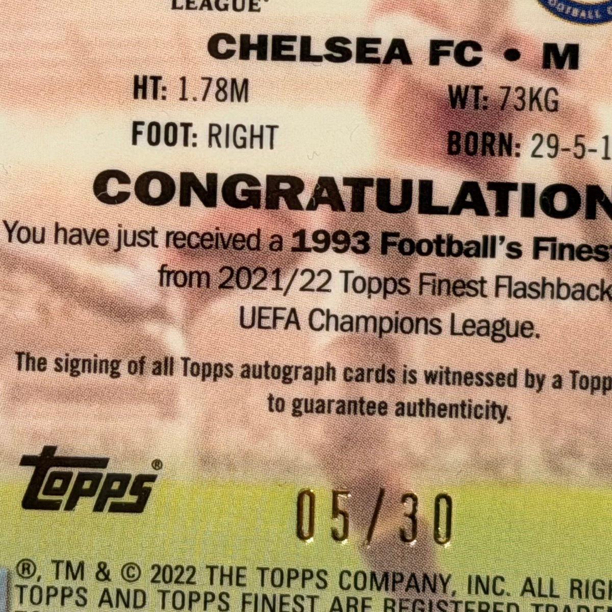 2021-22 Roberto Di Matteo Chelsea Topps Finest Flashbacks Aqua Refractor /30 PSA 9 Autograph Card (05/30)