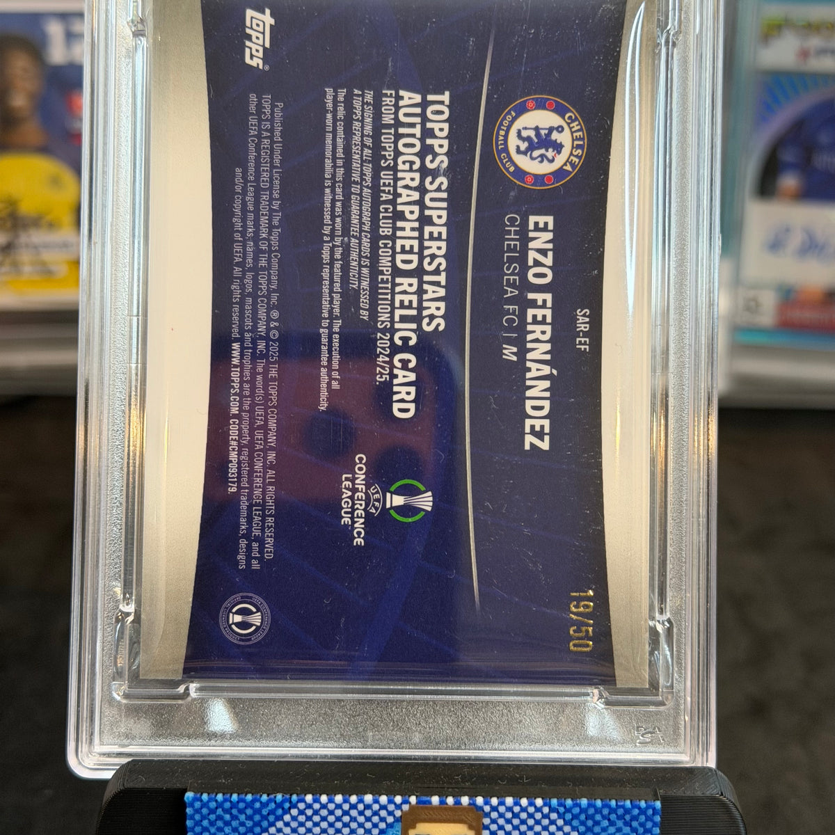 2024-25 Enzo Fernandez Chelsea Topps UEFA Superstar Autograph Game Worn Patch /50 PSA 9 Card (19/50)