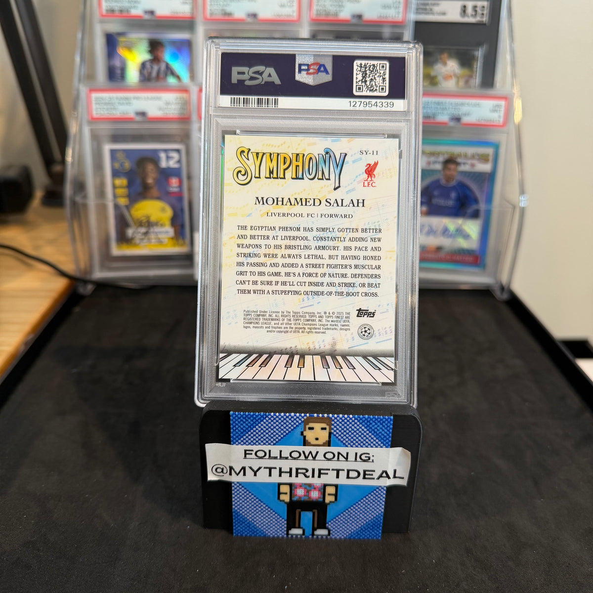 2024-25 Mohamed Salah Liverpool FC Topps Finest UEFA Symphony Blue Refractor /150 PSA 8 Pop 1 Card (85/150)